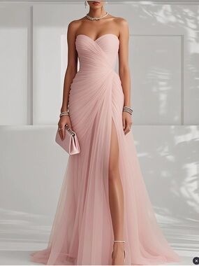 Strapless Soft Pink Ruched Tulle Evening Gown